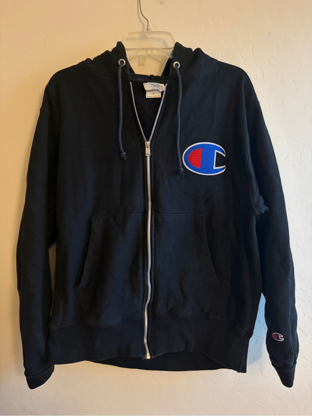 Champion Black Zip-Up Hoodie with Red & Blue Logo
